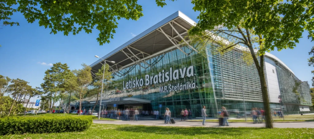 Moderná budova Letiska M. R. Štefánika v Bratislave počas slnečného dňa s ľuďmi pred vchodom
