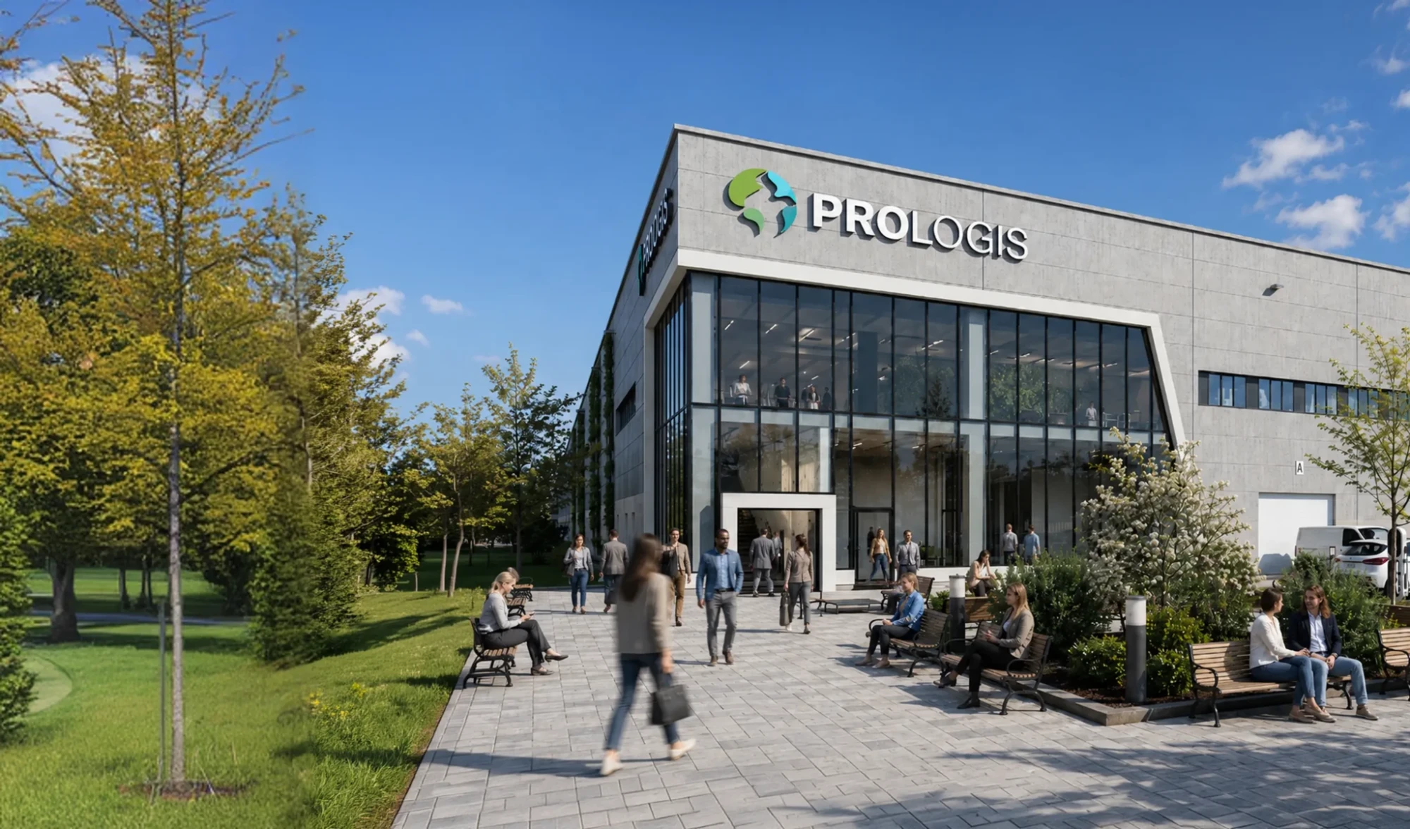 Moderná administratívna budova Prologis so sklenenou fasádou a parkom